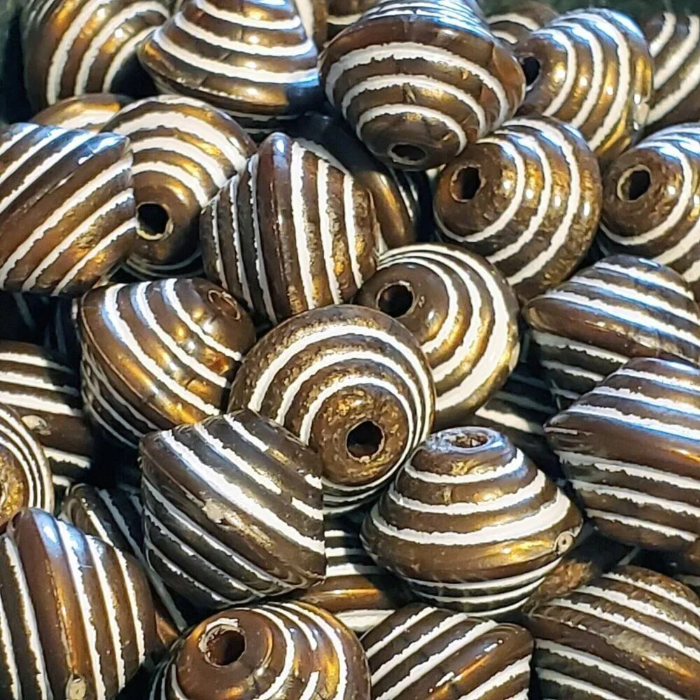 Vintage 80s Bronze White Striped New Wave 14X12 Bicone Acrylic Beads 10 pcs